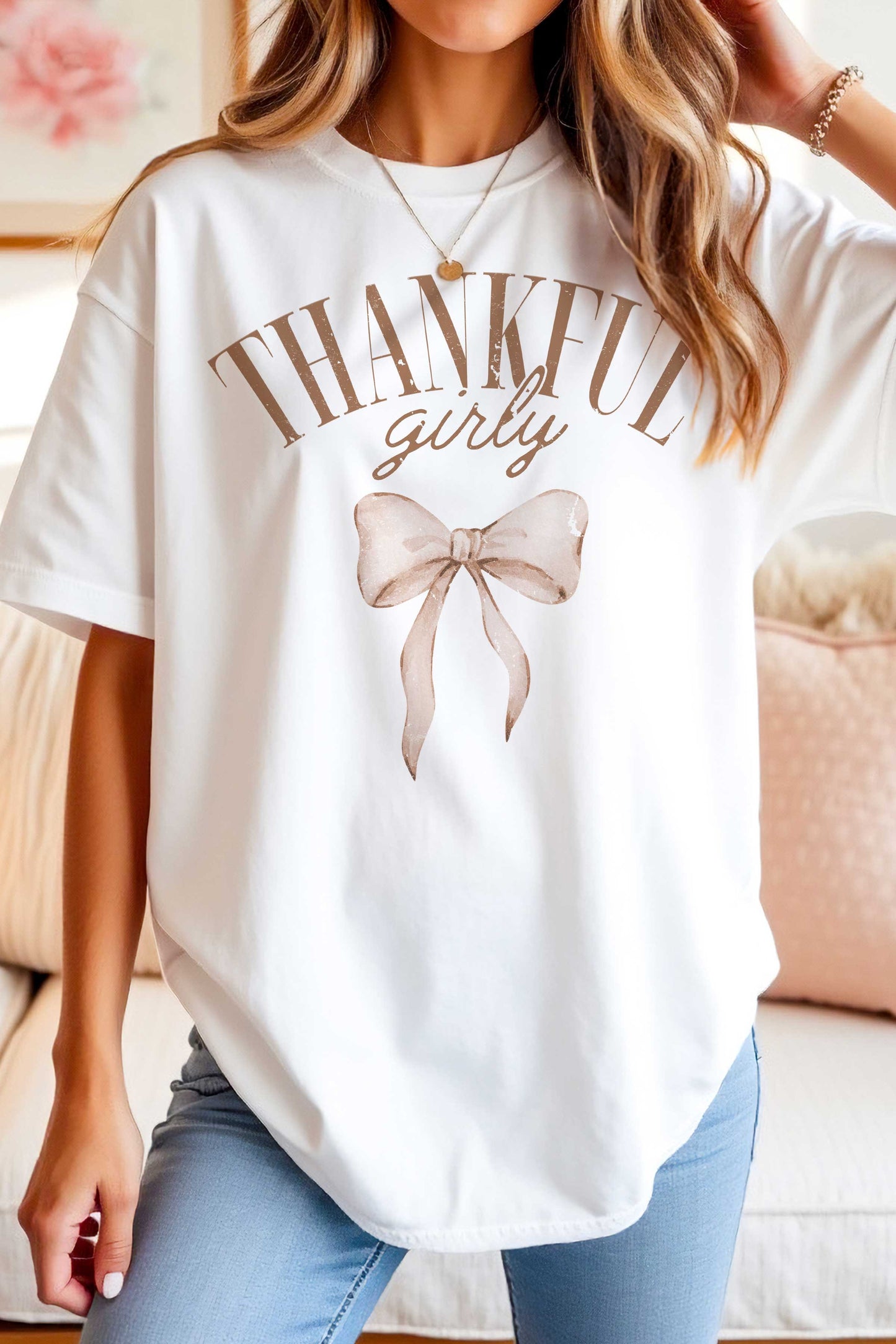 Thankful Girly Bow Oversized Graphic Tee